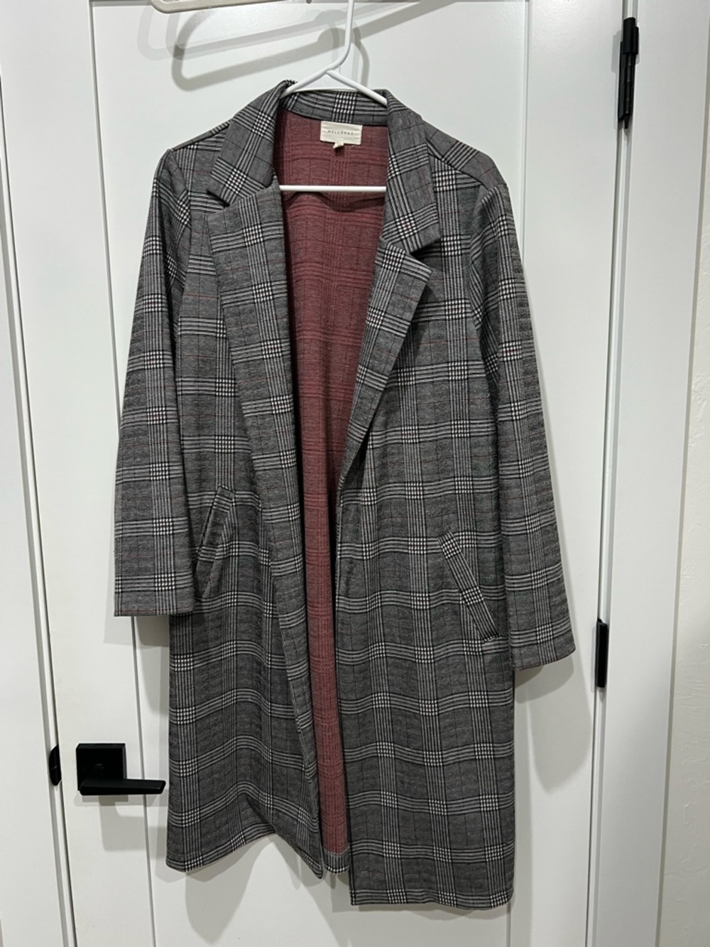 MELLODAY Gray Plaid Open-Front Blazer Coat with Mauve Lining